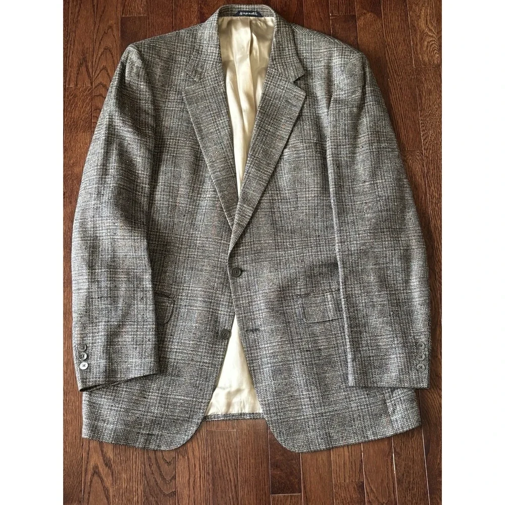 Vintage Burberrys Sport Coat Mens 44L Gray Glen Plaid 100% Silk Oak Hall